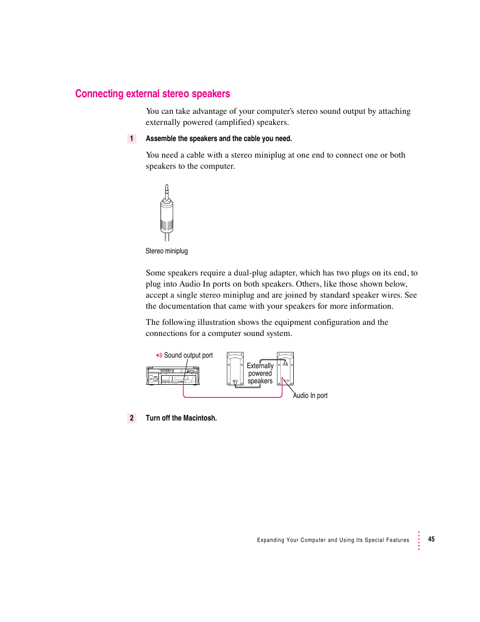 Connecting external stereo speakers | Apple Macintosh Performa 6360 Series User Manual | Page 45 / 199