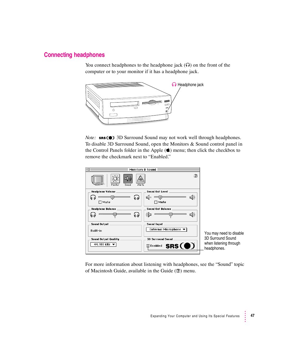 Connecting headphones | Apple Macintosh Performa 6360 Series User Manual | Page 47 / 199