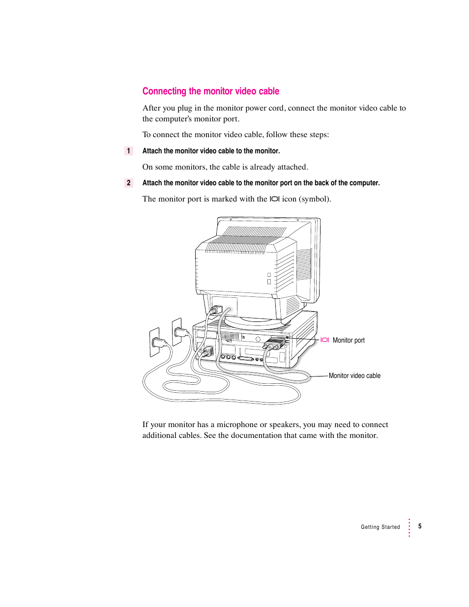 Connecting the monitor video cable | Apple Macintosh Performa 6360 Series User Manual | Page 5 / 199