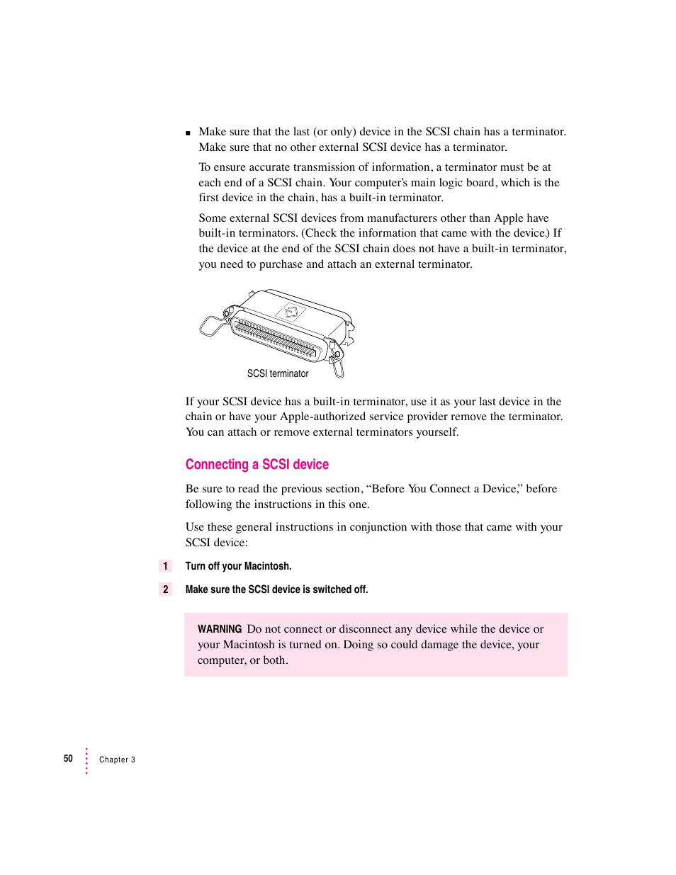 Connecting a scsi device | Apple Macintosh Performa 6360 Series User Manual | Page 50 / 199