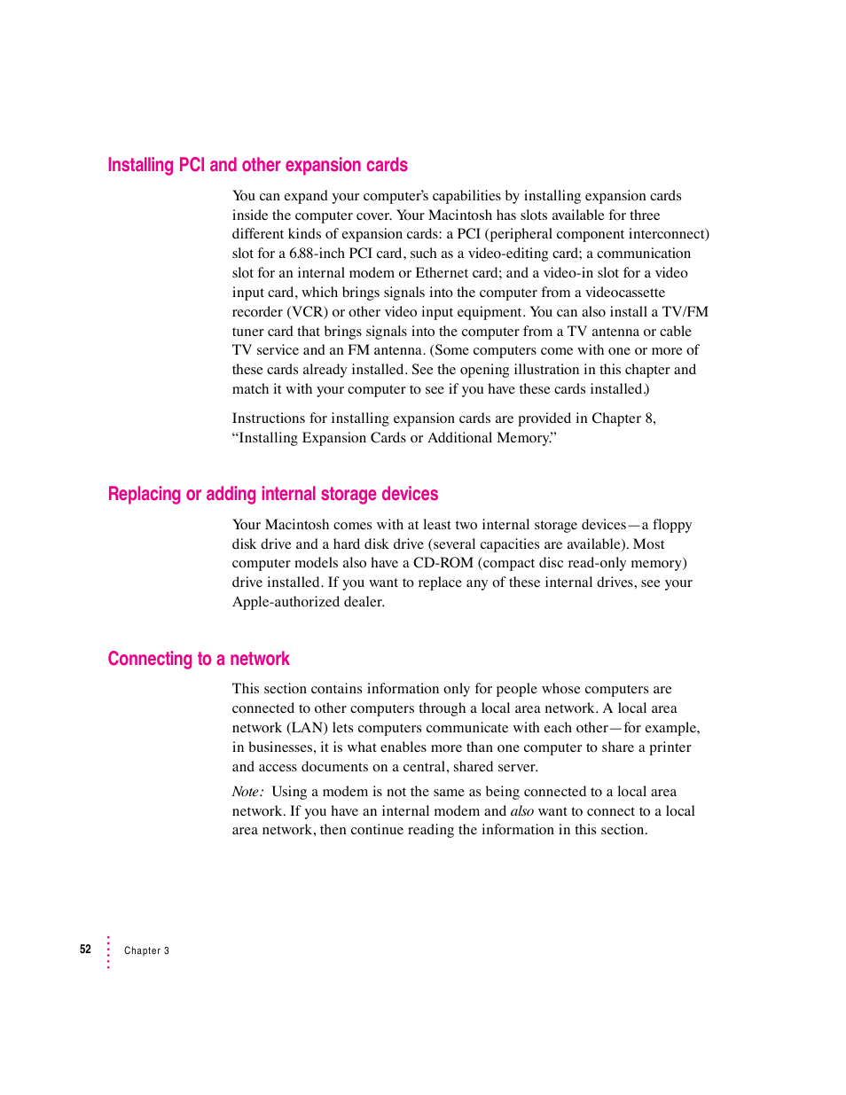 Installing pci and other expansion cards, Replacing or adding internal storage devices, Connecting to a network | Apple Macintosh Performa 6360 Series User Manual | Page 52 / 199