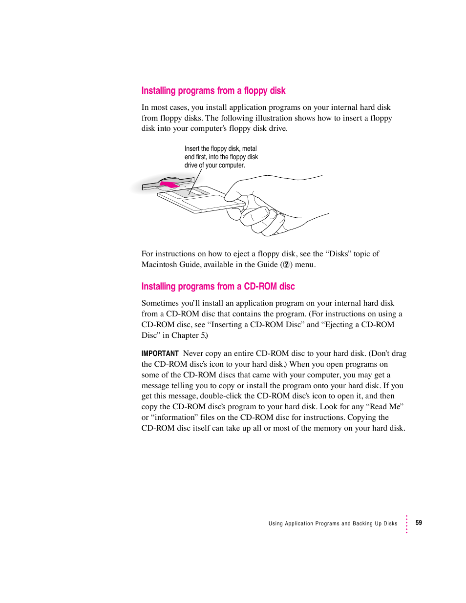 Installing programs from a floppy disk, Installing programs from a cd-rom disc | Apple Macintosh Performa 6360 Series User Manual | Page 59 / 199