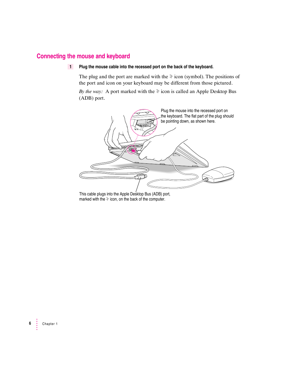 Connecting the mouse and keyboard | Apple Macintosh Performa 6360 Series User Manual | Page 6 / 199