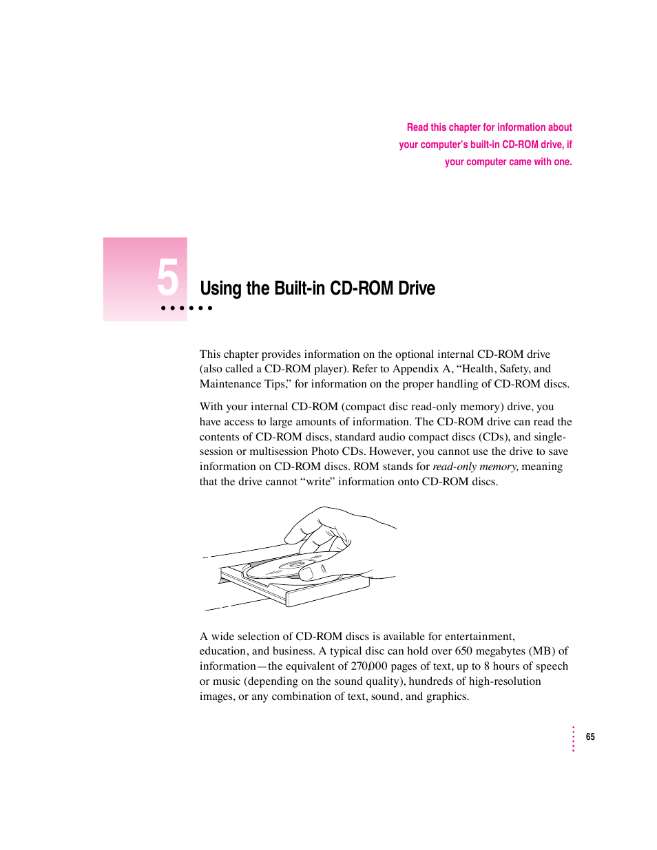 Using the built-in cd-rom drive | Apple Macintosh Performa 6360 Series User Manual | Page 65 / 199