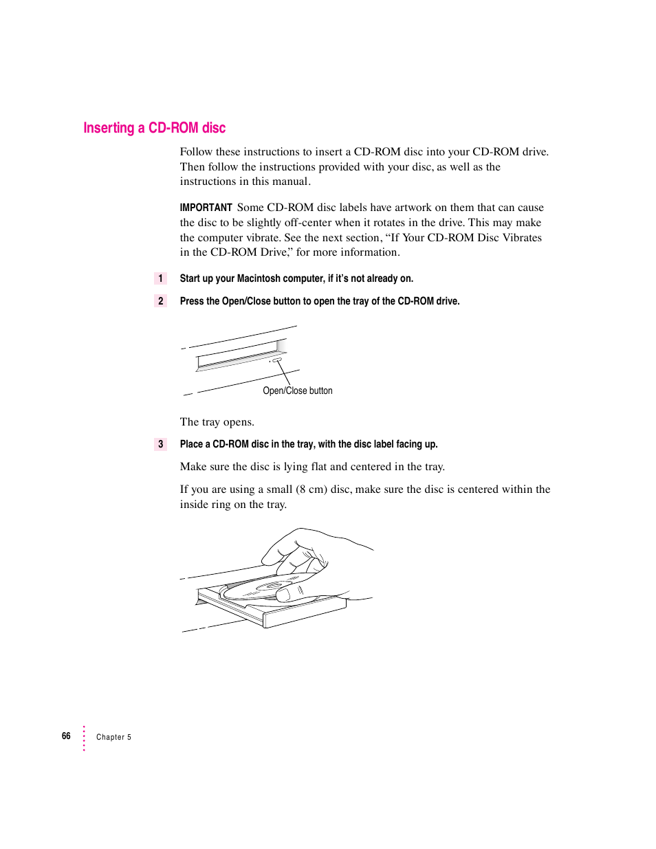 Inserting a cd-rom disc | Apple Macintosh Performa 6360 Series User Manual | Page 66 / 199