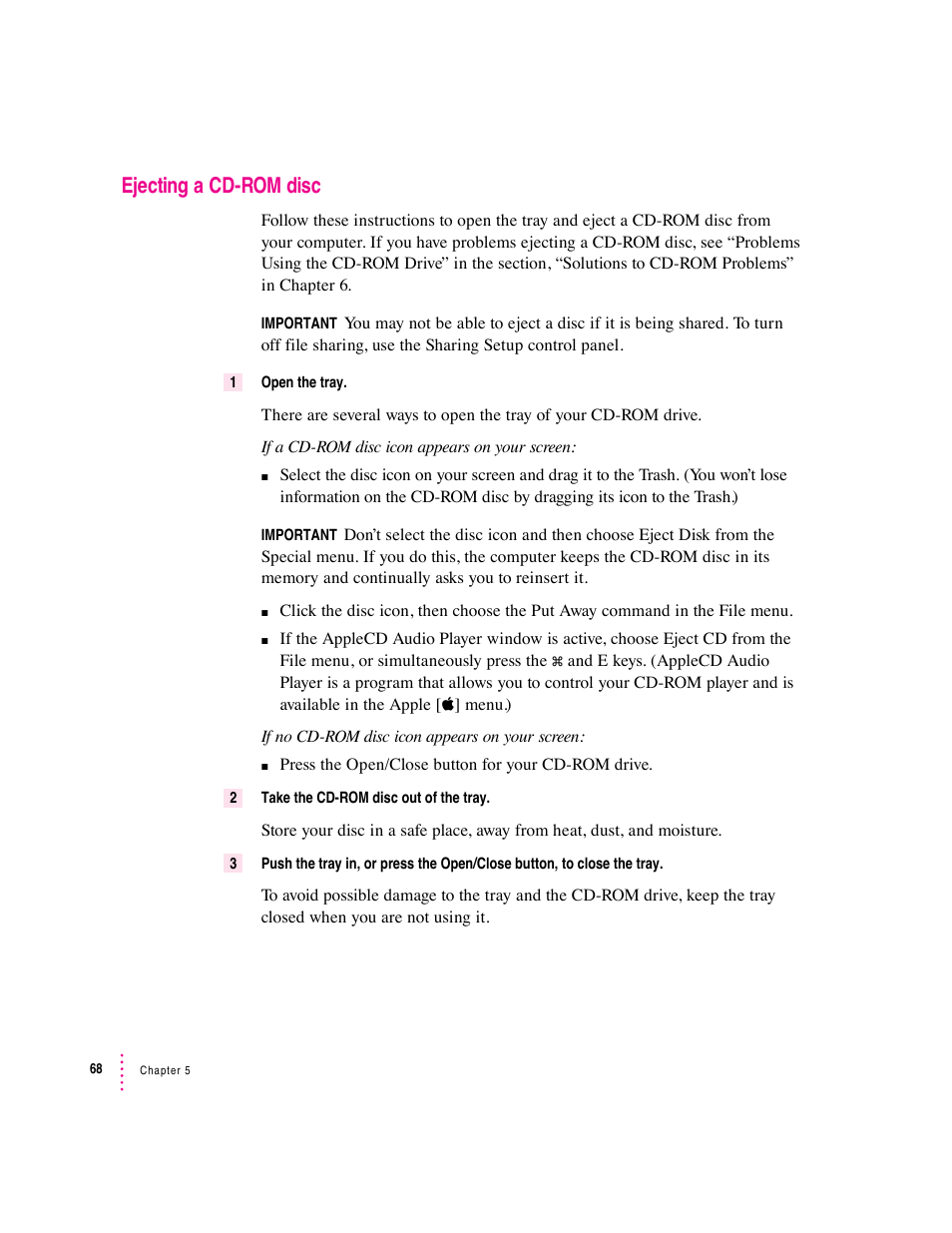 Ejecting a cd-rom disc | Apple Macintosh Performa 6360 Series User Manual | Page 68 / 199