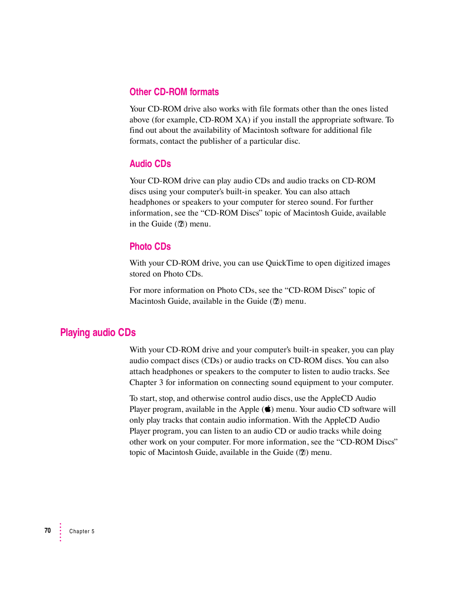 Playing audio cds | Apple Macintosh Performa 6360 Series User Manual | Page 70 / 199