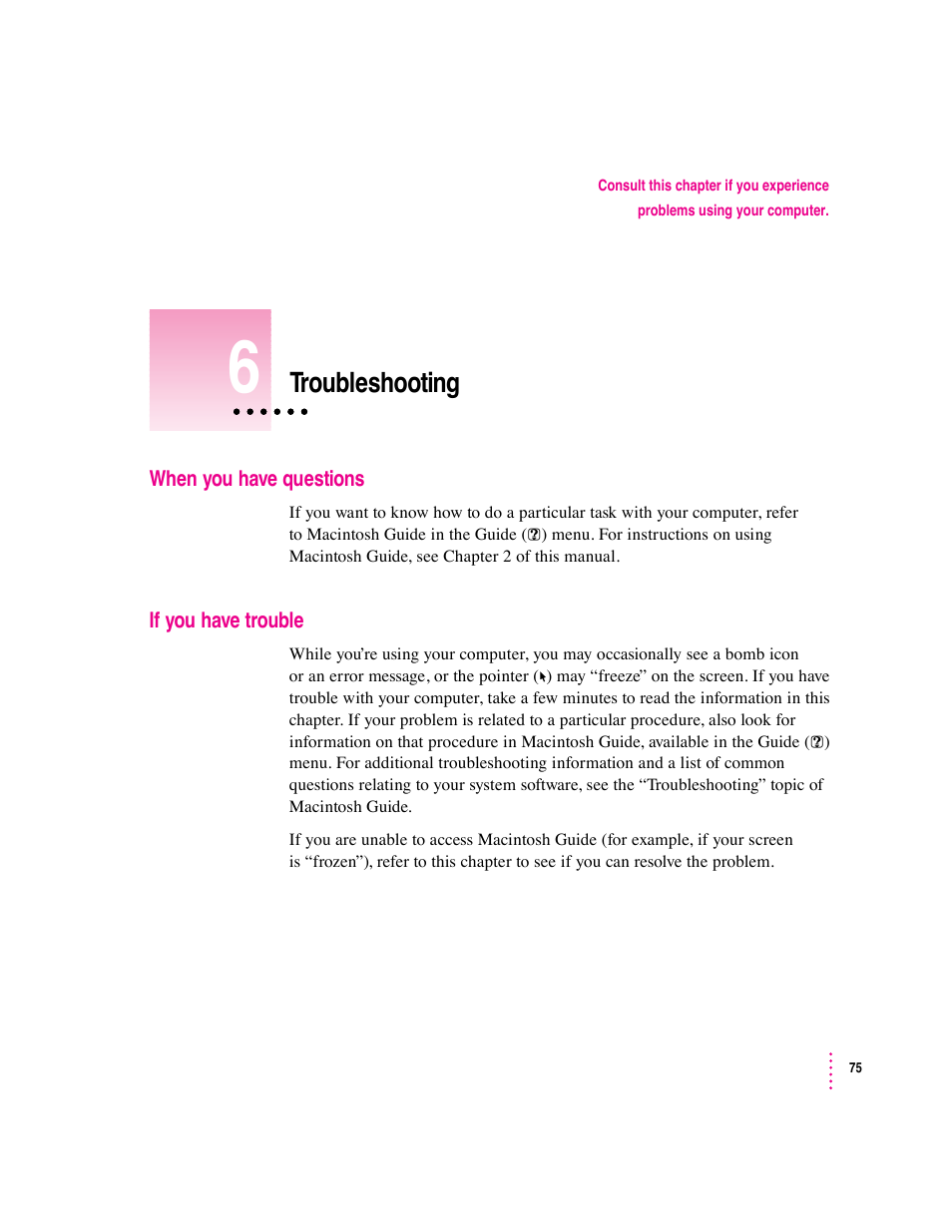 Troubleshooting | Apple Macintosh Performa 6360 Series User Manual | Page 75 / 199