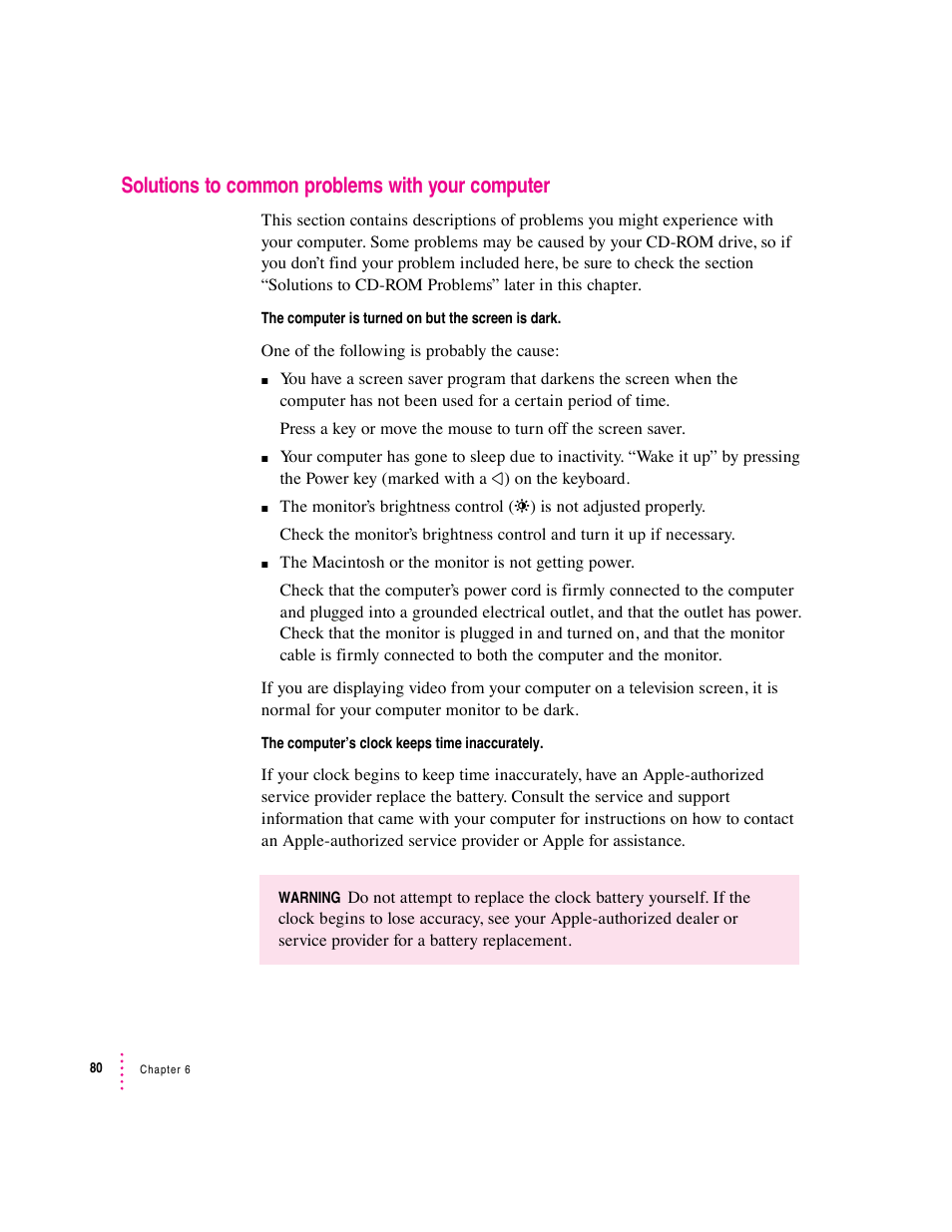 Solutions to common problems with your computer | Apple Macintosh Performa 6360 Series User Manual | Page 80 / 199