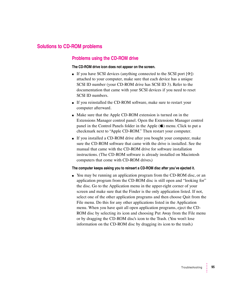 Solutions to cd-rom problems | Apple Macintosh Performa 6360 Series User Manual | Page 95 / 199