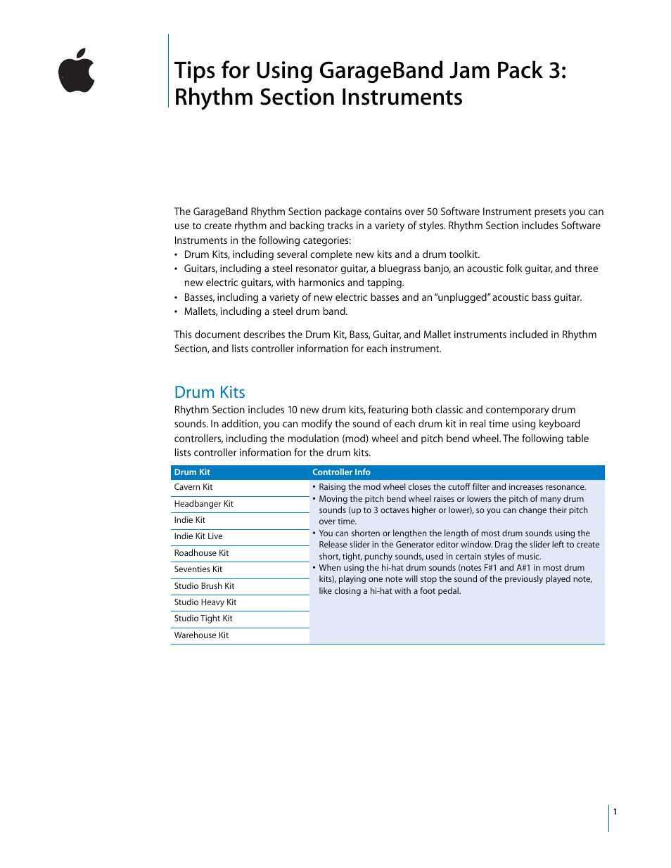 Apple GarageBand Jam Pack 3: Rythm Section Tips User Manual | 6 pages