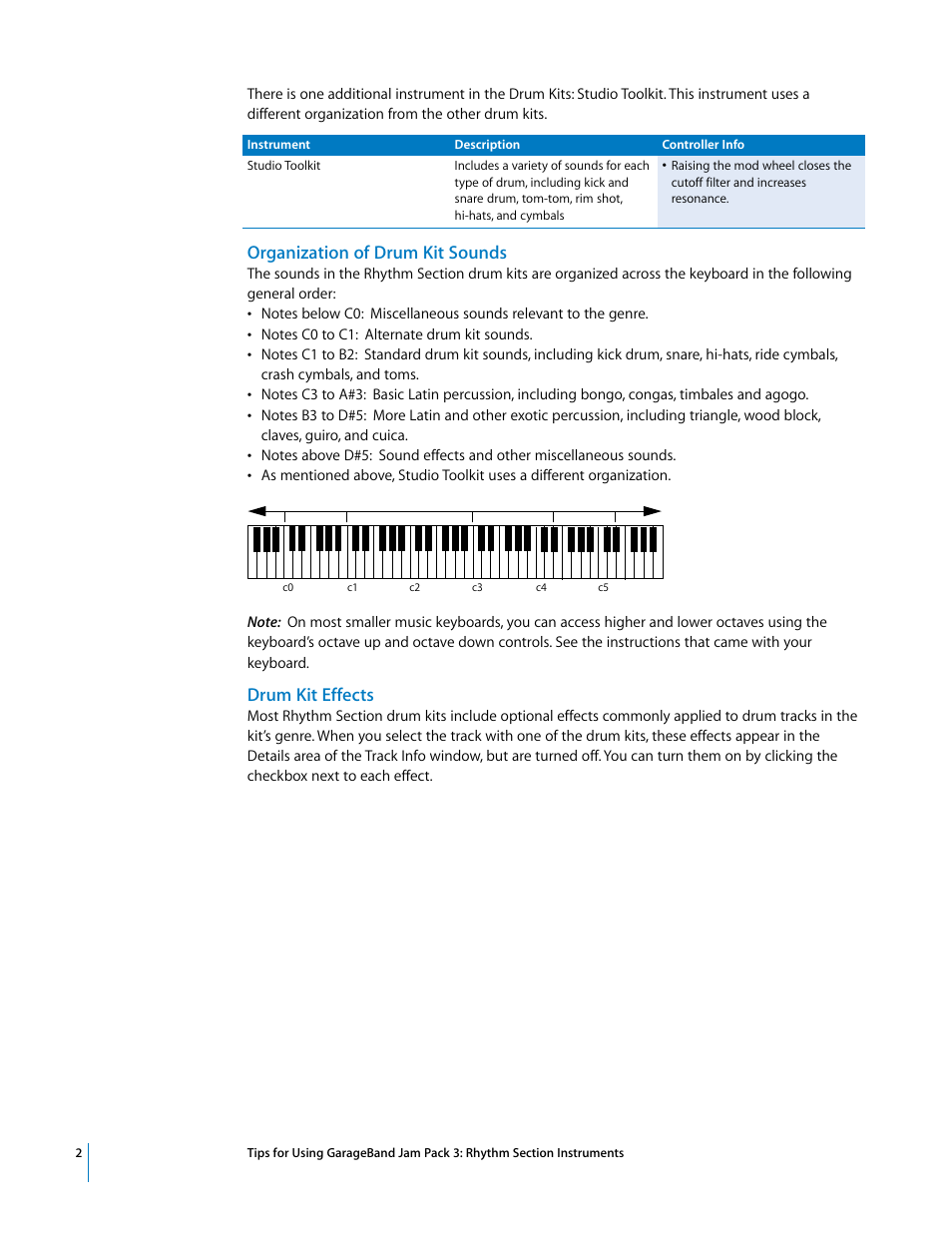Organization of drum kit sounds, Drum kit effects | Apple GarageBand Jam Pack 3: Rythm Section Tips User Manual | Page 2 / 6