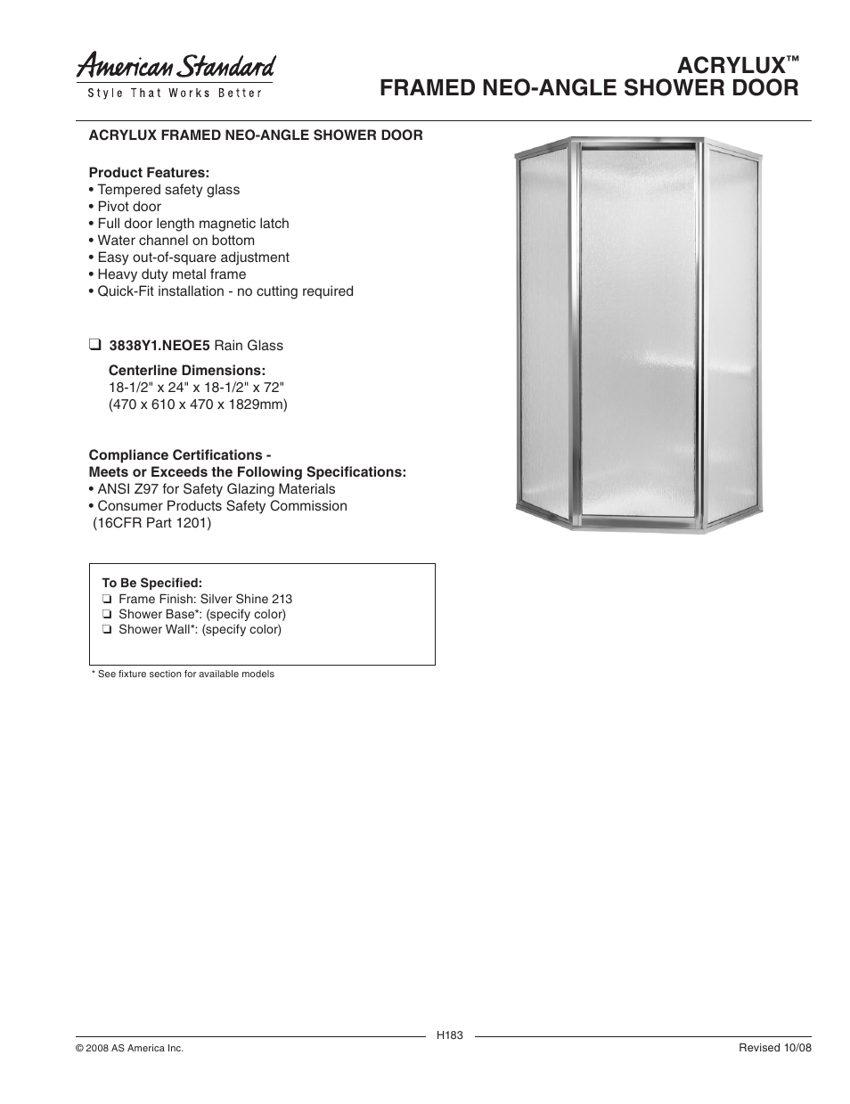 American Standard Acrylux Framed Neo-Angle Shower Door 3838Y1.NEOE5 User Manual | 1 page