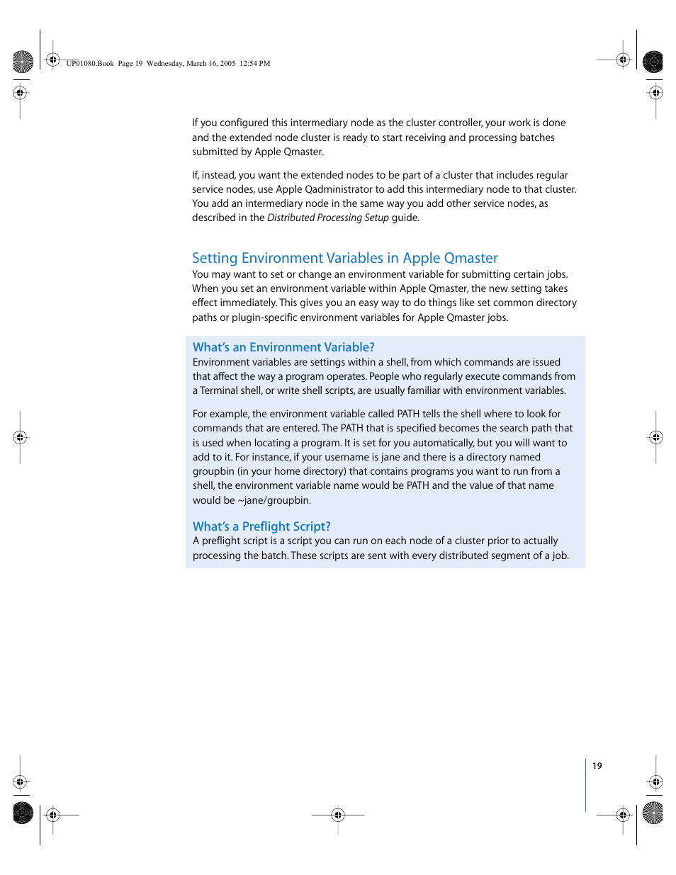 Setting environment variables in apple qmaster, What’s an environment variable, What’s a preflight script | P. 19) | Apple Qmaster 2 User Manual | Page 19 / 25