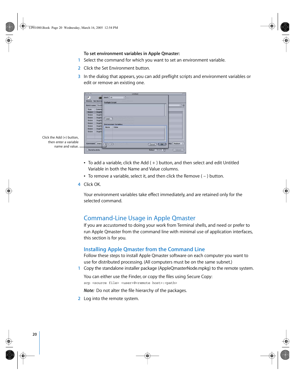 Command-line usage in apple qmaster, Installing apple qmaster from the command line, P. 20) | Apple Qmaster 2 User Manual | Page 20 / 25