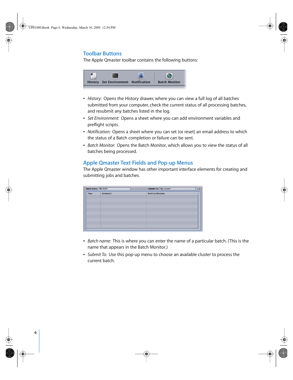 Toolbar buttons, Apple qmaster text fields and pop-up menus | Apple Qmaster 2 User Manual | Page 6 / 25