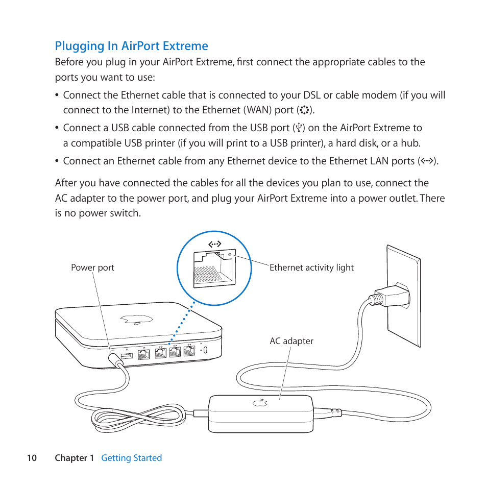 Plugging in airport extreme | Apple AirPort Extreme 802.11n (5th Generation) User Manual | Page 10 / 44