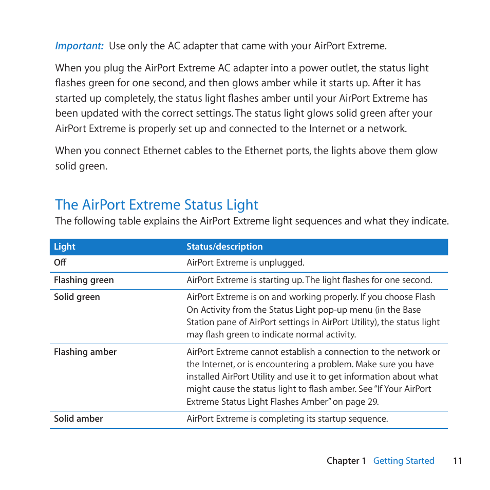 The airport extreme status light, 11 the airport extreme status light, The﻿airport﻿extreme﻿status﻿light | Apple AirPort Extreme 802.11n (5th Generation) User Manual | Page 11 / 44
