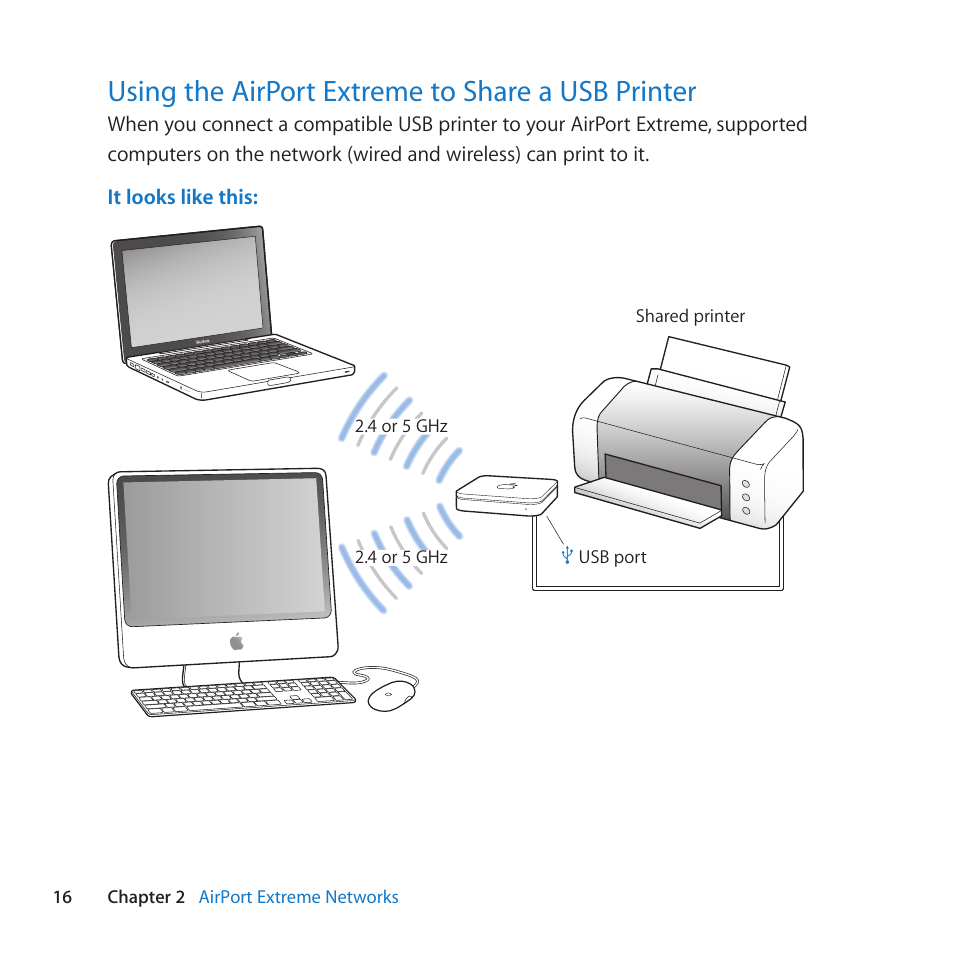 Using the airport extreme to share a usb printer, Using﻿the﻿airport﻿extreme﻿to﻿share﻿a﻿usb﻿printer | Apple AirPort Extreme 802.11n (5th Generation) User Manual | Page 16 / 44