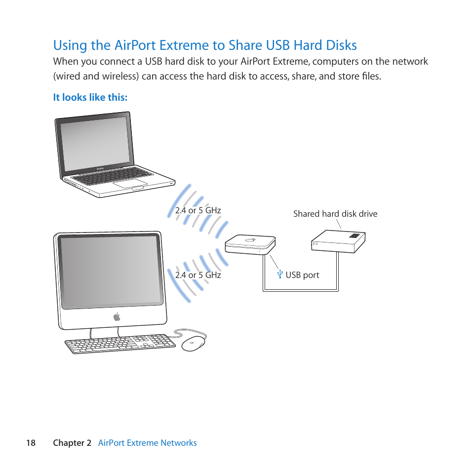 Using the airport extreme to share usb hard disks, Using﻿the﻿airport﻿extreme﻿to﻿share﻿usb﻿hard﻿disks | Apple AirPort Extreme 802.11n (5th Generation) User Manual | Page 18 / 44