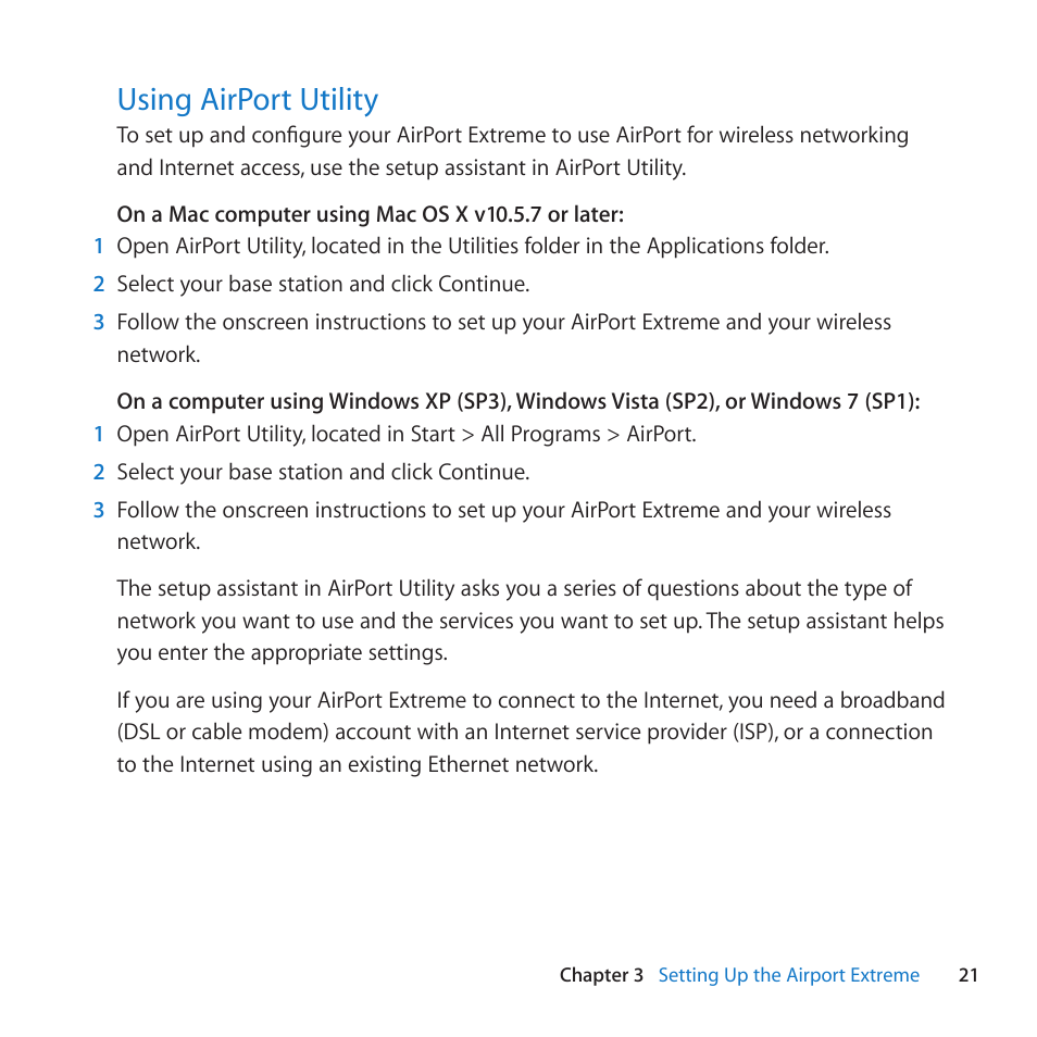 Using airport utility, 21 using airport utility, Using﻿airport﻿utility | Apple AirPort Extreme 802.11n (5th Generation) User Manual | Page 21 / 44