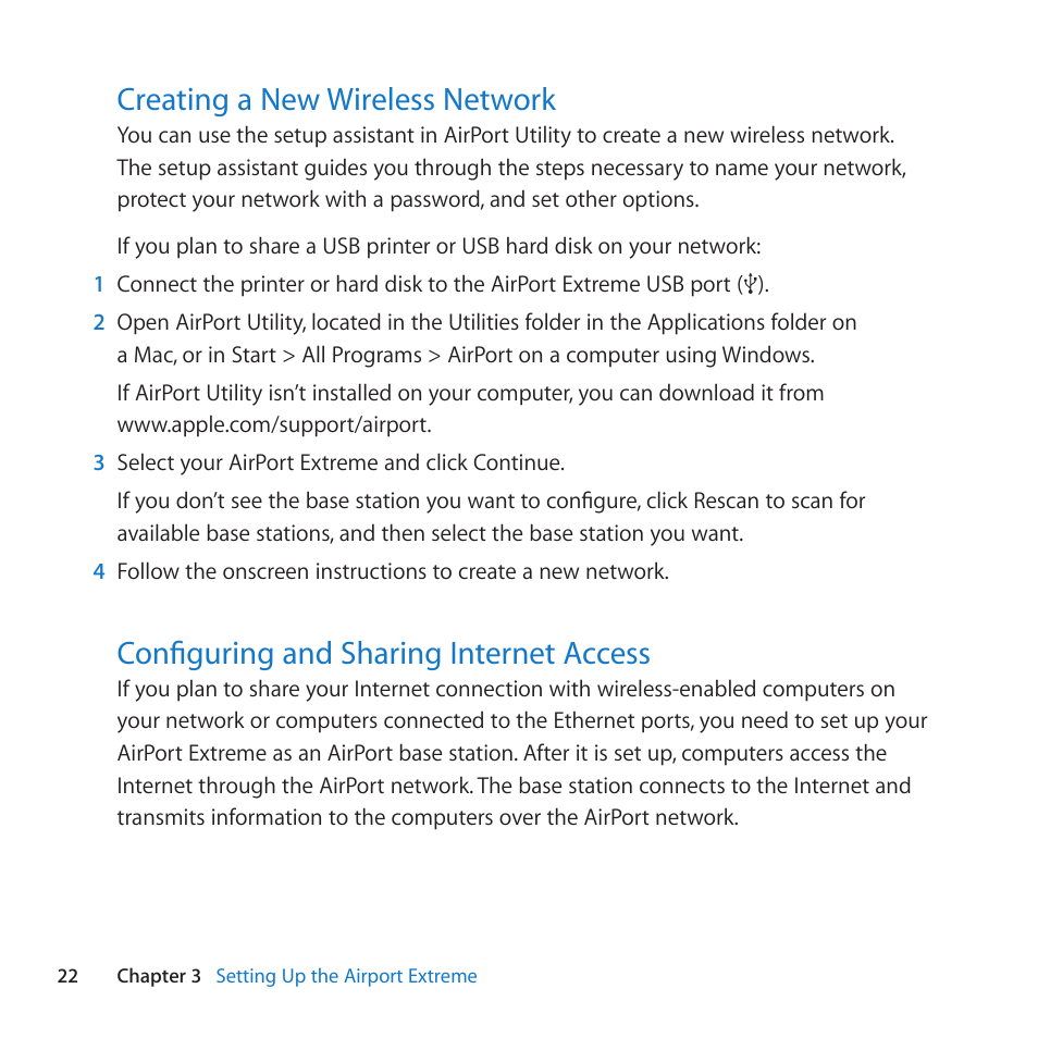 Creating a new wireless network, Configuring and sharing internet access, Creating﻿a﻿new﻿wireless﻿network | Configuring﻿and﻿sharing﻿internet﻿access | Apple AirPort Extreme 802.11n (5th Generation) User Manual | Page 22 / 44
