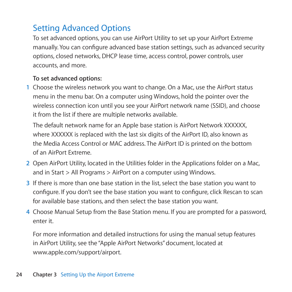 Setting advanced options, 24 setting advanced options, Setting﻿advanced﻿options | Apple AirPort Extreme 802.11n (5th Generation) User Manual | Page 24 / 44