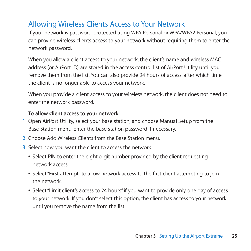 Allowing wireless clients access to your network, Allowing﻿wireless﻿clients﻿access﻿to﻿your﻿network | Apple AirPort Extreme 802.11n (5th Generation) User Manual | Page 25 / 44