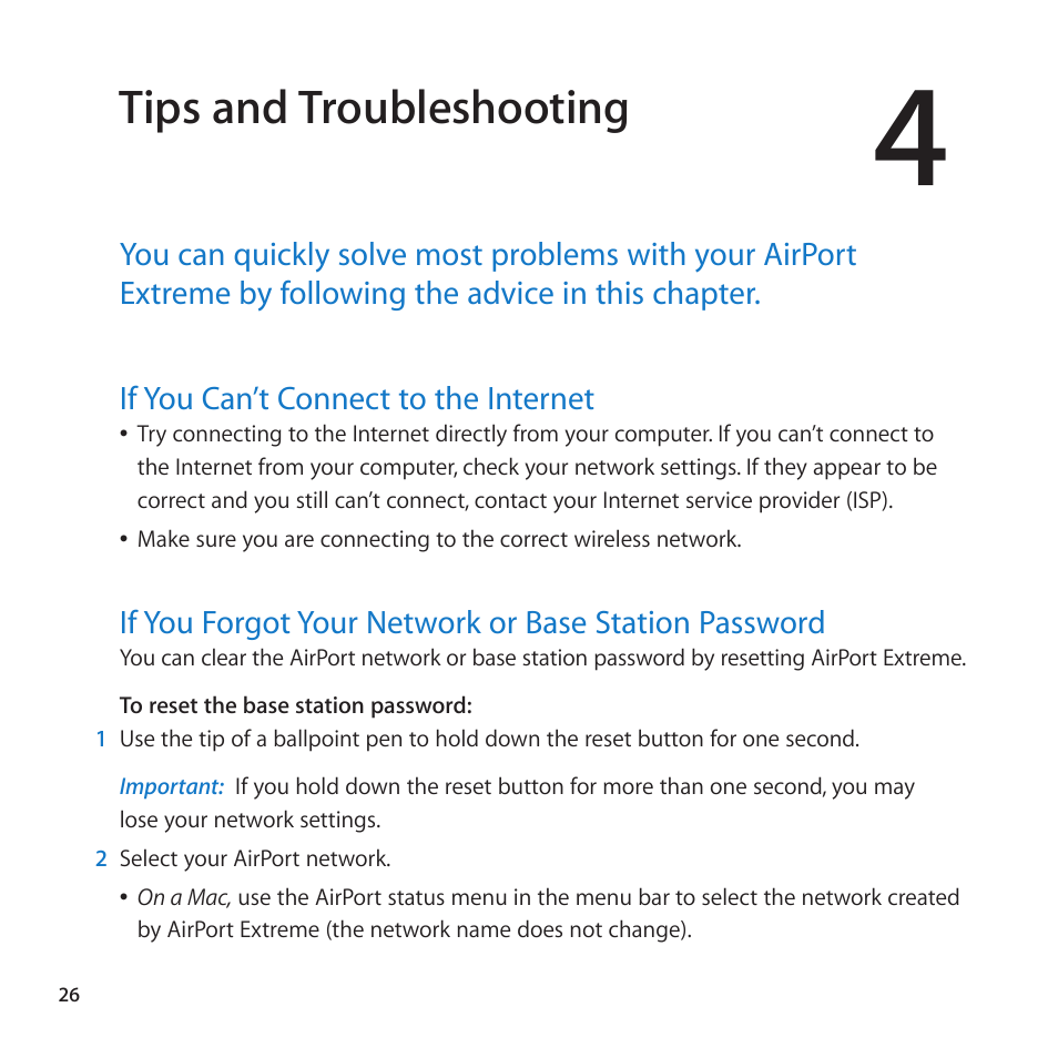 Tips and troubleshooting, If you can’t connect to the internet, 26 if you can’t connect to the internet | Apple AirPort Extreme 802.11n (5th Generation) User Manual | Page 26 / 44