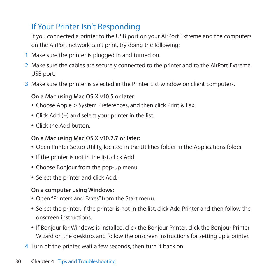 If your printer isn’t responding, 30 if your printer isn’t responding, If﻿your﻿printer﻿isn’t﻿responding | Apple AirPort Extreme 802.11n (5th Generation) User Manual | Page 30 / 44