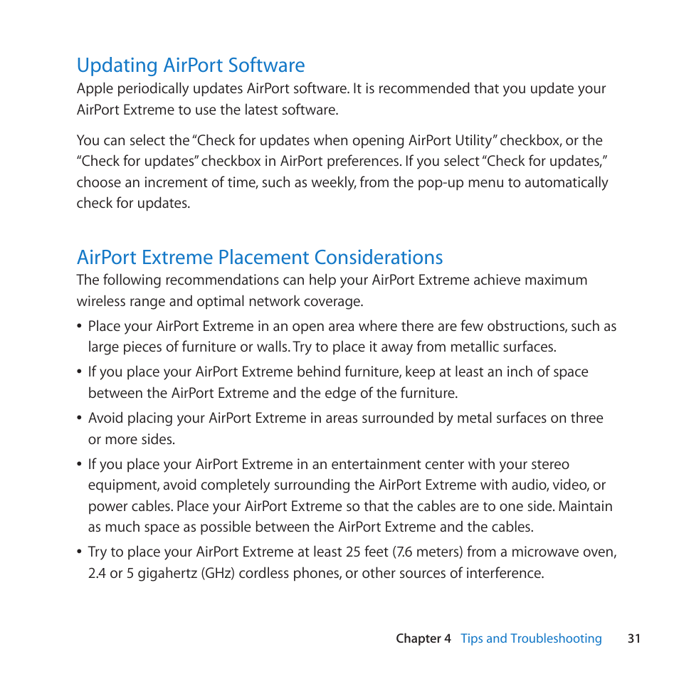 Updating airport software, Airport extreme placement considerations, Updating﻿airport﻿software | Airport﻿extreme﻿placement﻿considerations | Apple AirPort Extreme 802.11n (5th Generation) User Manual | Page 31 / 44