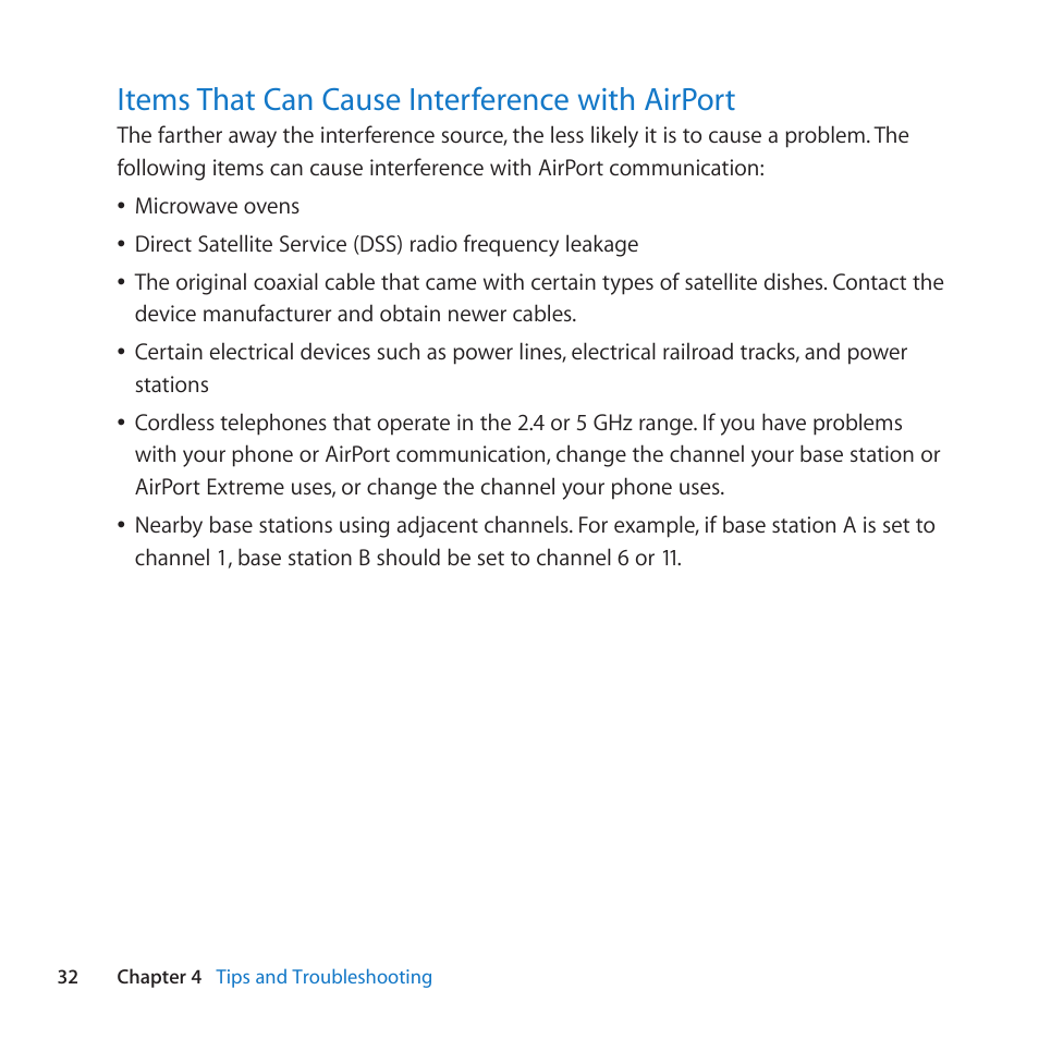 Items that can cause interference with airport, 32 items that can cause interference with airport, Items﻿that﻿can﻿cause﻿interference﻿with﻿airport | Apple AirPort Extreme 802.11n (5th Generation) User Manual | Page 32 / 44