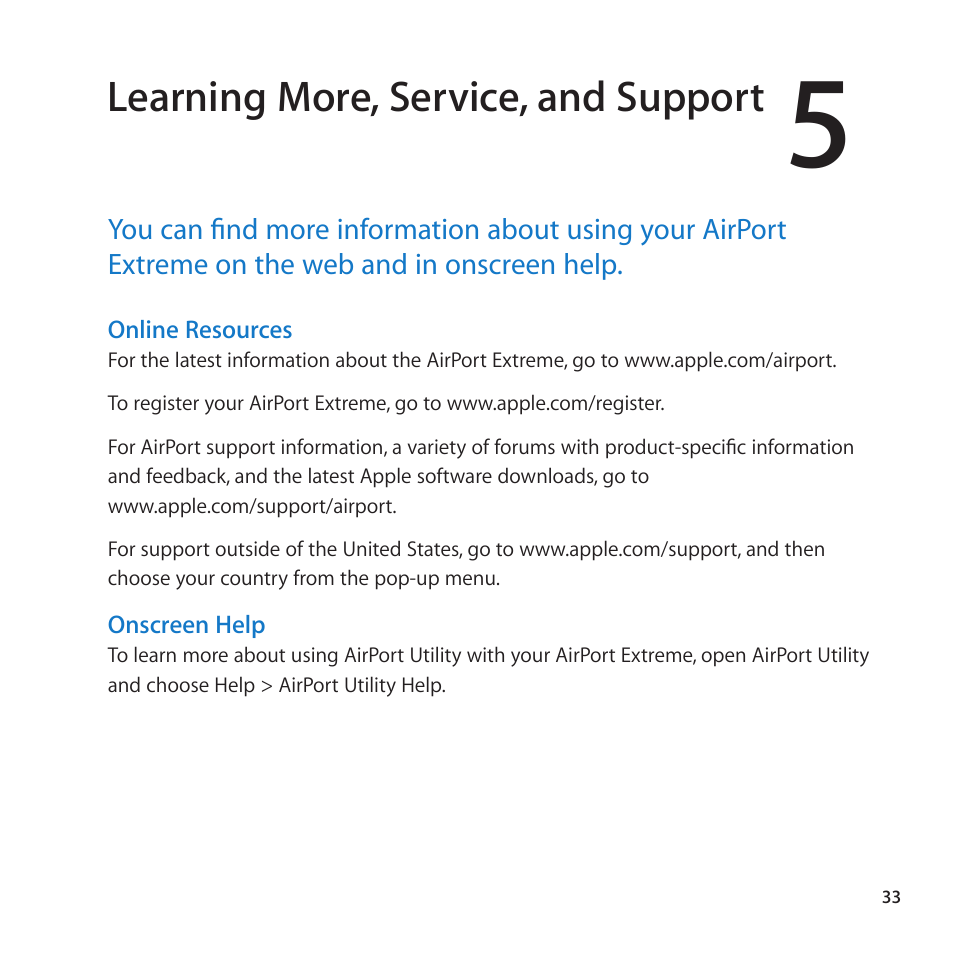 Learning more, service, and support | Apple AirPort Extreme 802.11n (5th Generation) User Manual | Page 33 / 44