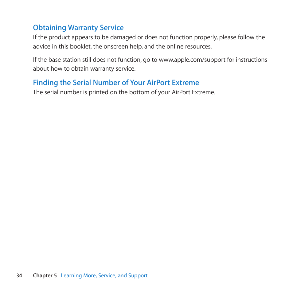 Obtaining warranty service, Finding the serial number of your airport extreme | Apple AirPort Extreme 802.11n (5th Generation) User Manual | Page 34 / 44