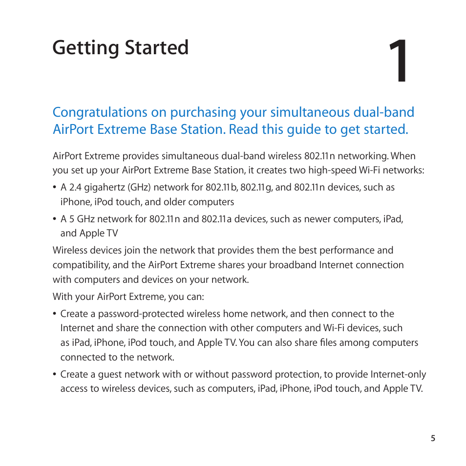 Getting started | Apple AirPort Extreme 802.11n (5th Generation) User Manual | Page 5 / 44
