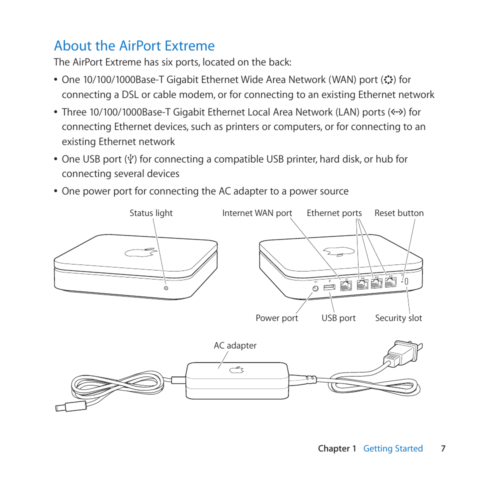 About the airport extreme, 7 about the airport extreme, About﻿the﻿airport﻿extreme | Apple AirPort Extreme 802.11n (5th Generation) User Manual | Page 7 / 44