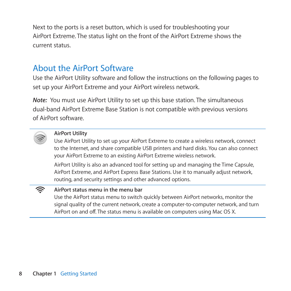 About the airport software, 8 about the airport software, About﻿the﻿airport﻿software | Apple AirPort Extreme 802.11n (5th Generation) User Manual | Page 8 / 44