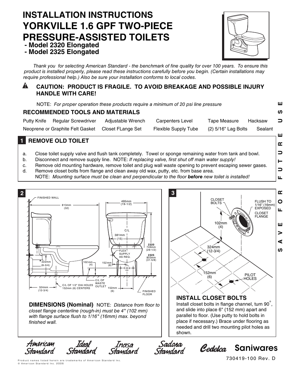 American Standard Yorkville 2320 Elongated User Manual | 4 pages