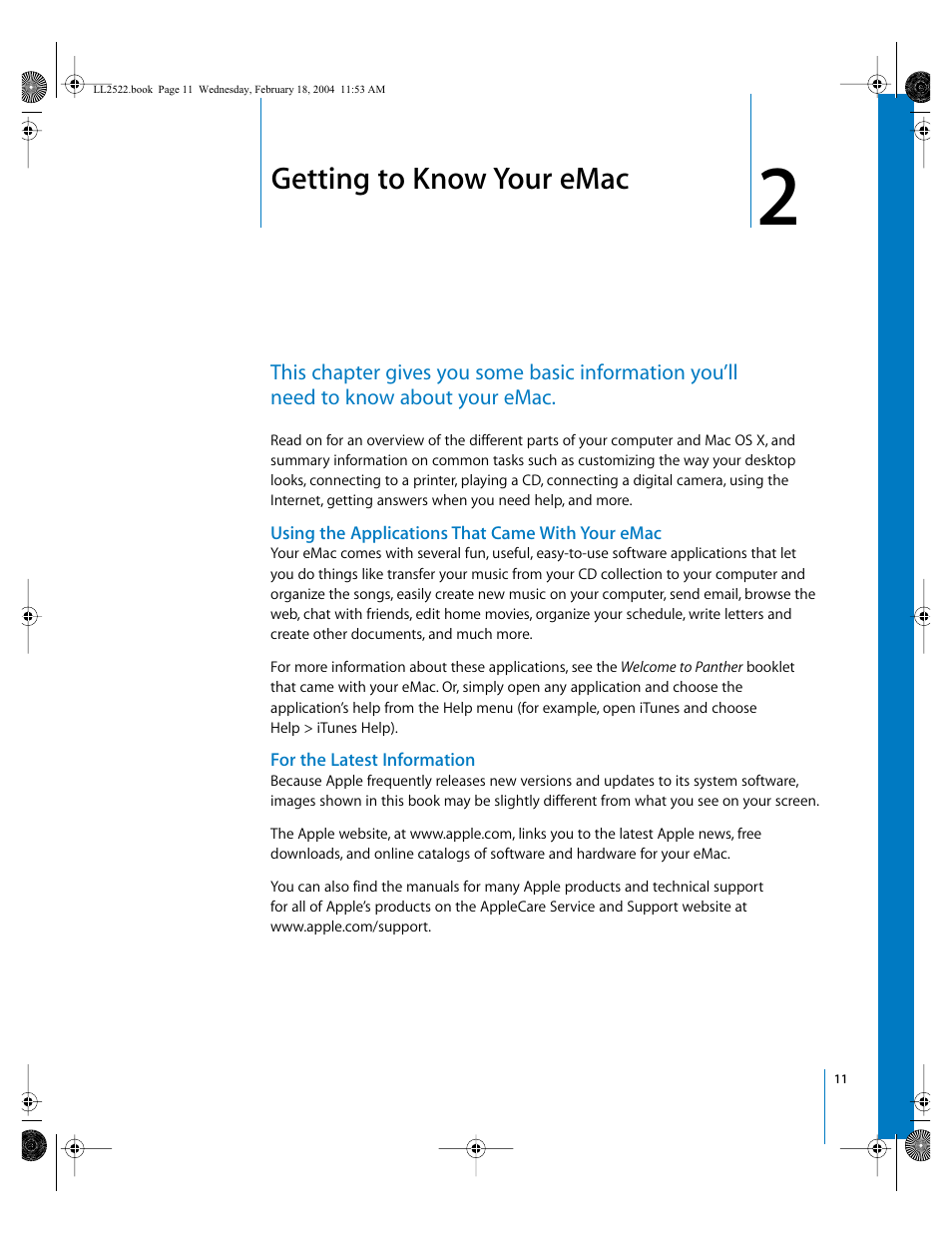 Getting to know your emac, Using the applications that came with your emac, For the latest information | Chapter, Chapter 2, “getting to know your emac | Apple eMac (USB 2.0; Early 2004) User Manual | Page 11 / 88