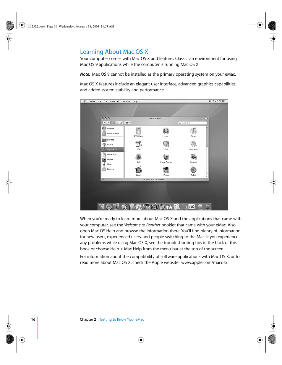 Learning about mac os x | Apple eMac (USB 2.0; Early 2004) User Manual | Page 16 / 88