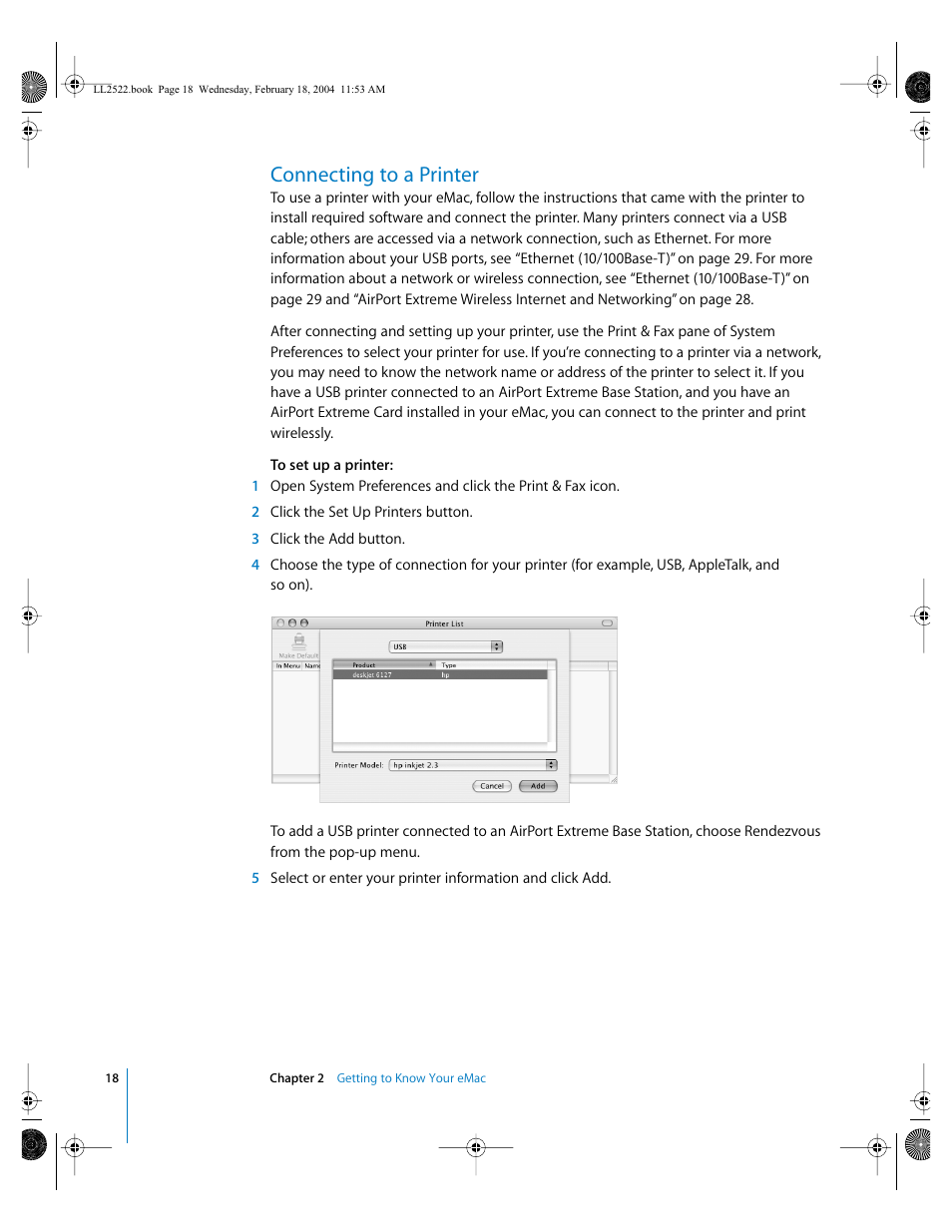 Connecting to a printer | Apple eMac (USB 2.0; Early 2004) User Manual | Page 18 / 88