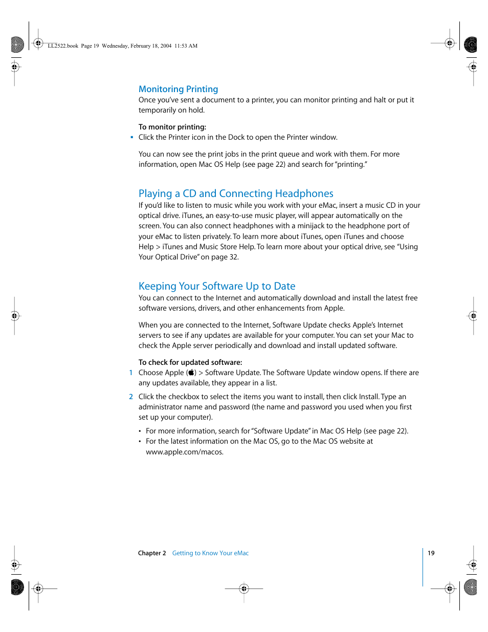 Monitoring printing, Playing a cd and connecting headphones, Keeping your software up to date | Apple eMac (USB 2.0; Early 2004) User Manual | Page 19 / 88