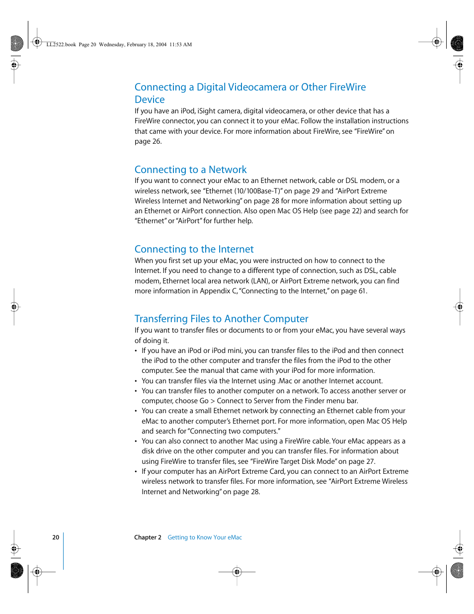 Connecting to a network, Connecting to the internet, Transferring files to another computer | Apple eMac (USB 2.0; Early 2004) User Manual | Page 20 / 88