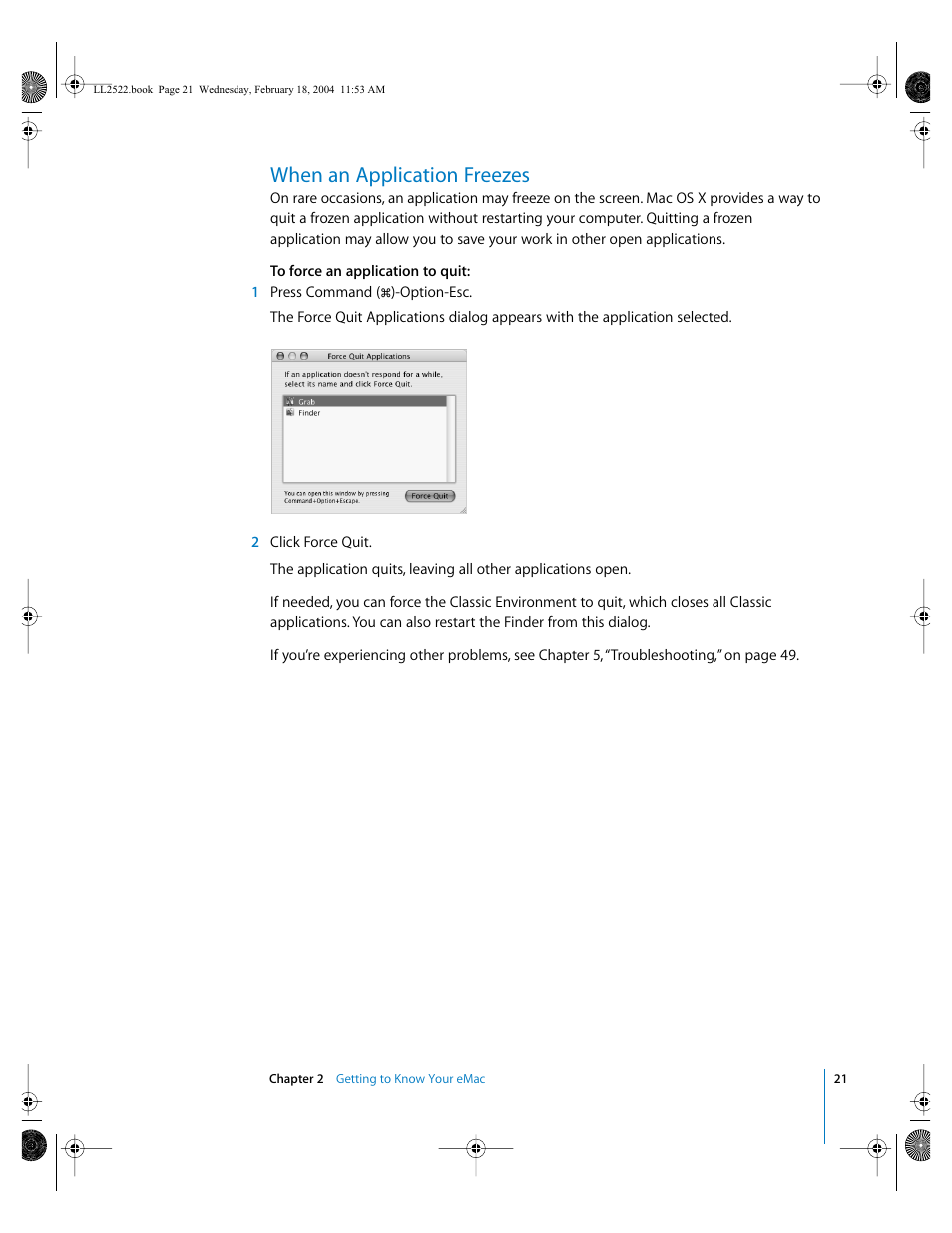 When an application freezes | Apple eMac (USB 2.0; Early 2004) User Manual | Page 21 / 88