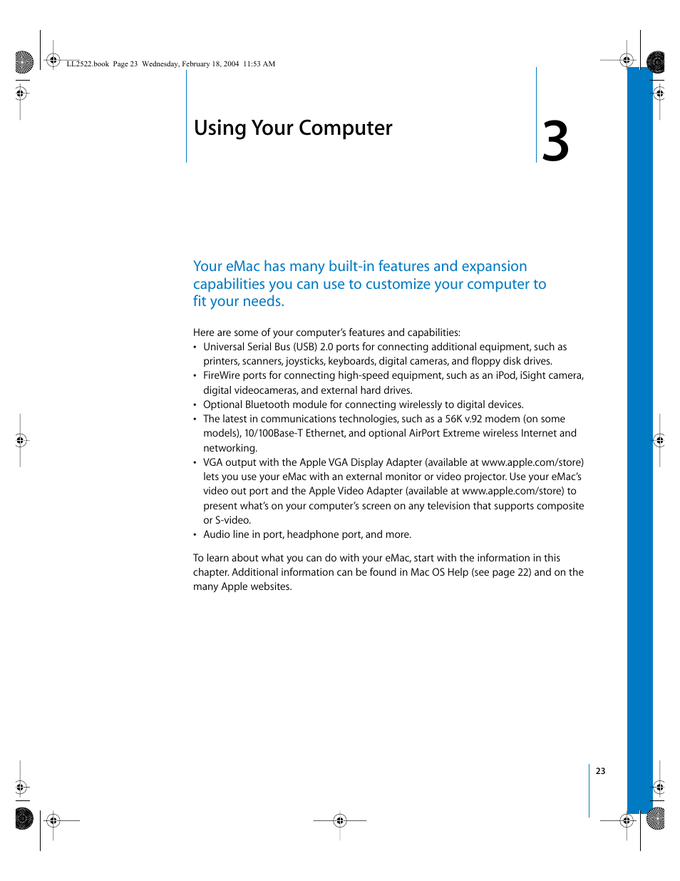 Using your computer, Chapter, Chapter 3, “using your computer | Apple eMac (USB 2.0; Early 2004) User Manual | Page 23 / 88