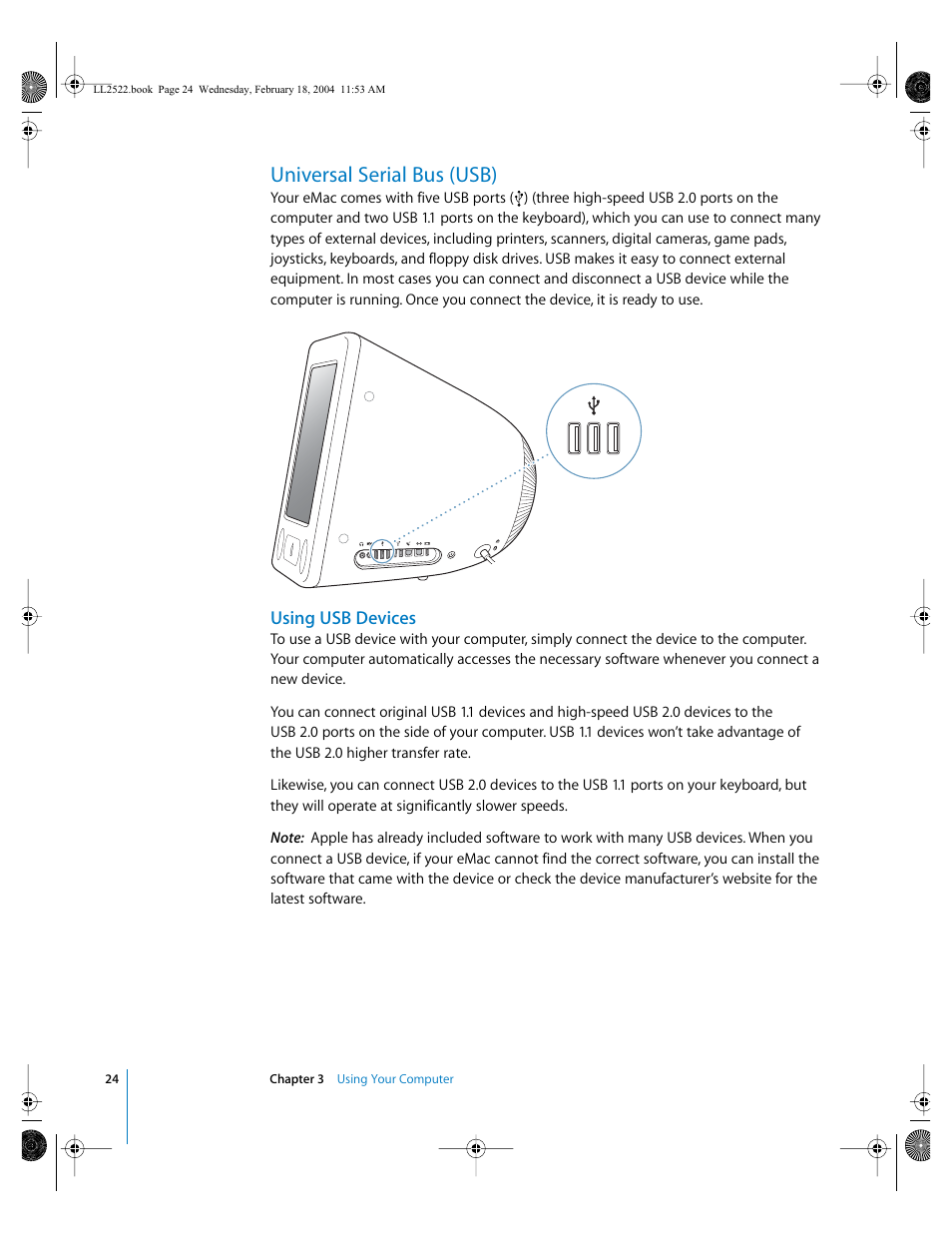 Universal serial bus (usb), Using usb devices | Apple eMac (USB 2.0; Early 2004) User Manual | Page 24 / 88