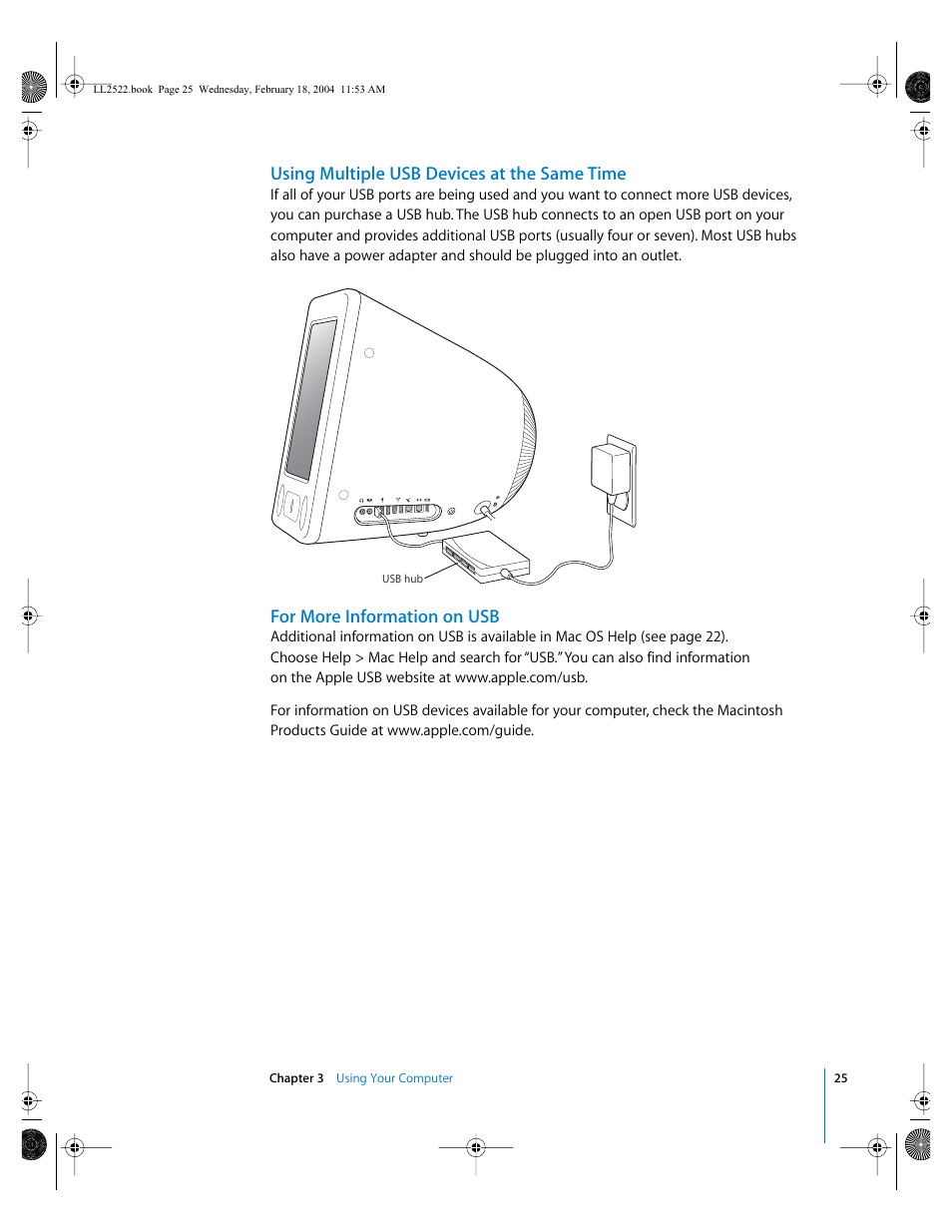 Using multiple usb devices at the same time, For more information on usb | Apple eMac (USB 2.0; Early 2004) User Manual | Page 25 / 88