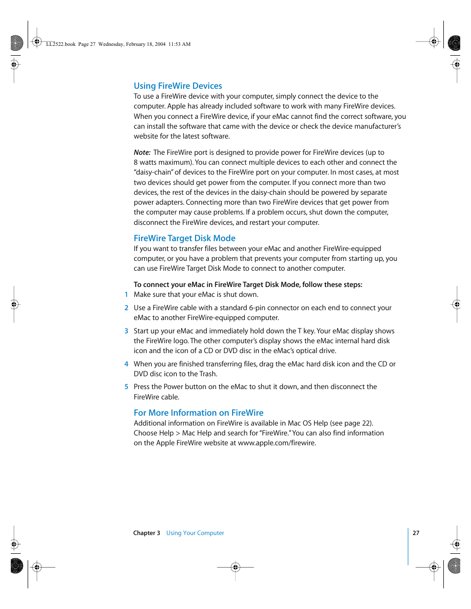 Using firewire devices, Firewire target disk mode, For more information on firewire | Apple eMac (USB 2.0; Early 2004) User Manual | Page 27 / 88