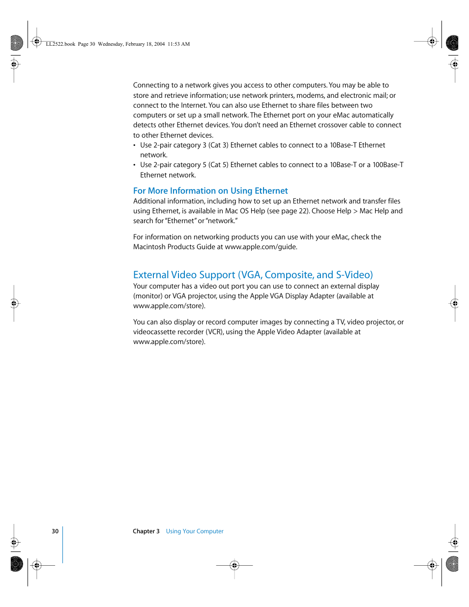 For more information on using ethernet | Apple eMac (USB 2.0; Early 2004) User Manual | Page 30 / 88