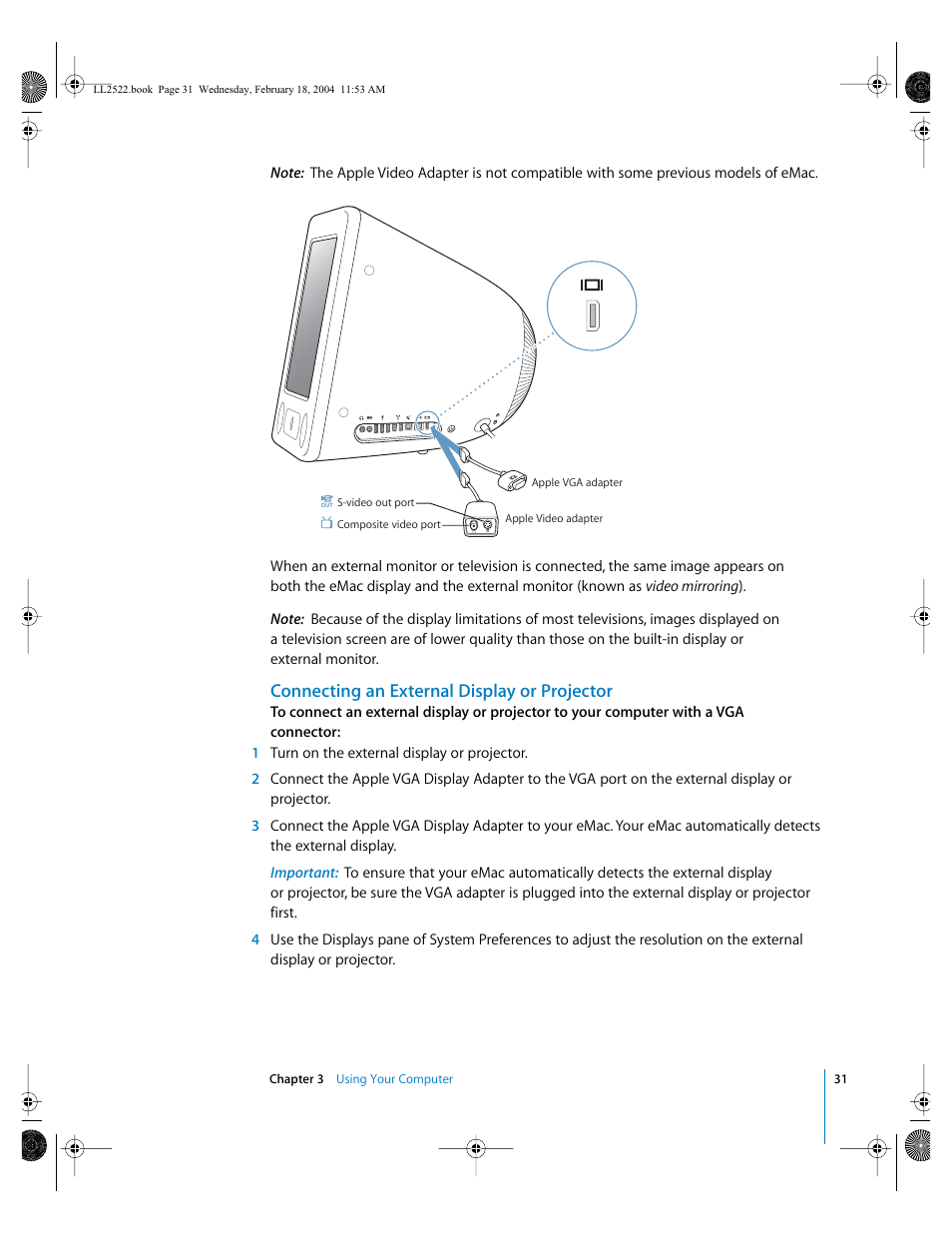 Connecting an external display or projector | Apple eMac (USB 2.0; Early 2004) User Manual | Page 31 / 88